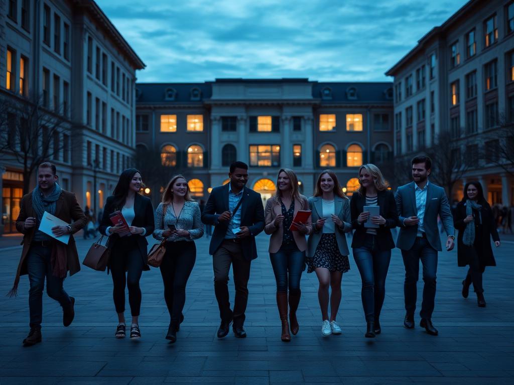 Students and young professionals crossing a university campus square at dusk