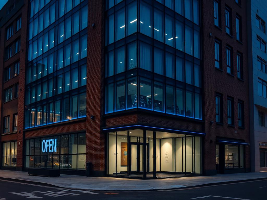 Bridge Gateway Consulting head office at 124 City Road, London, photographed at night