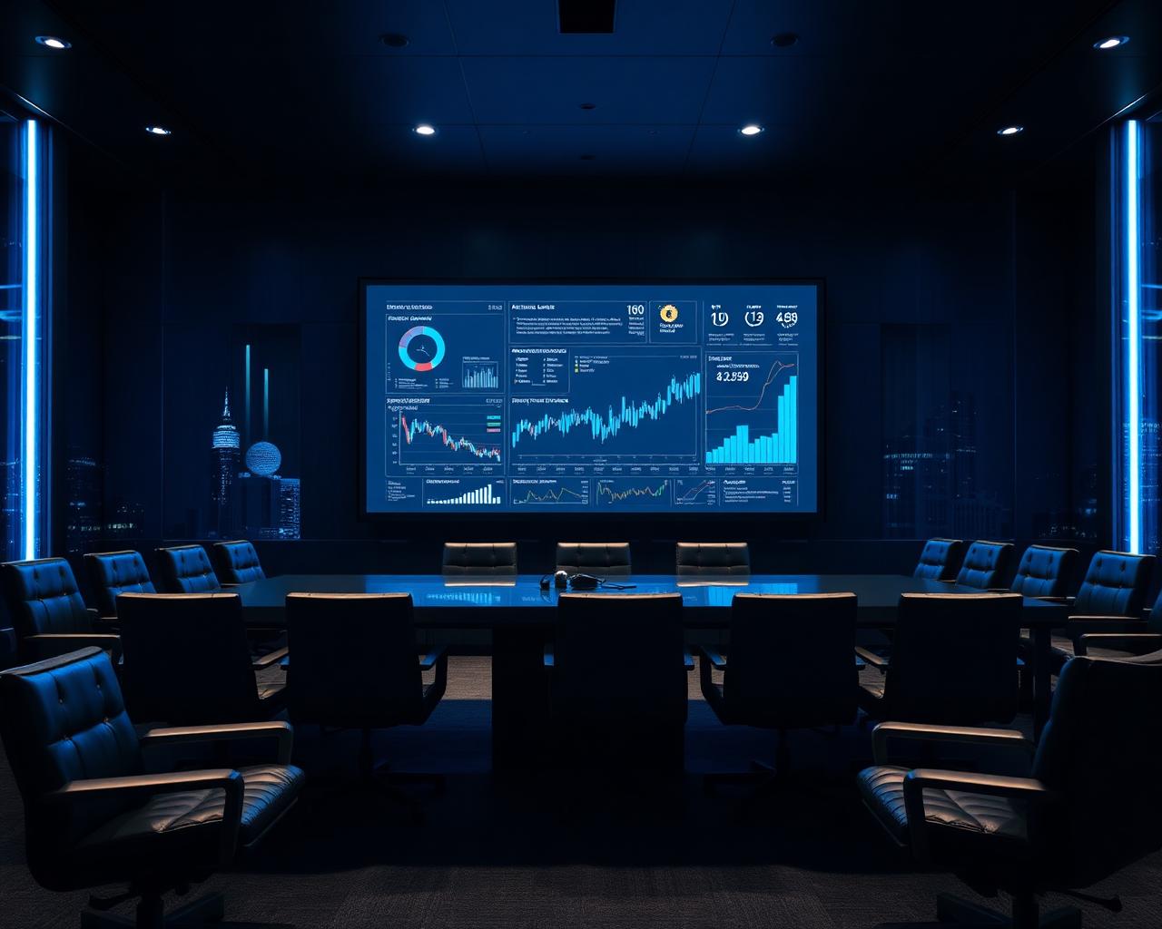 Executive boardroom at night with financial charts glowing on a wall screen and the London skyline outside