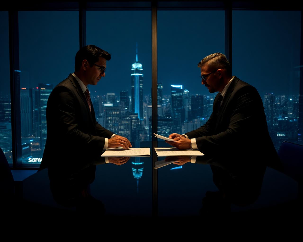 Two executives reviewing documents across a polished table at night with a panoramic city skyline behind them