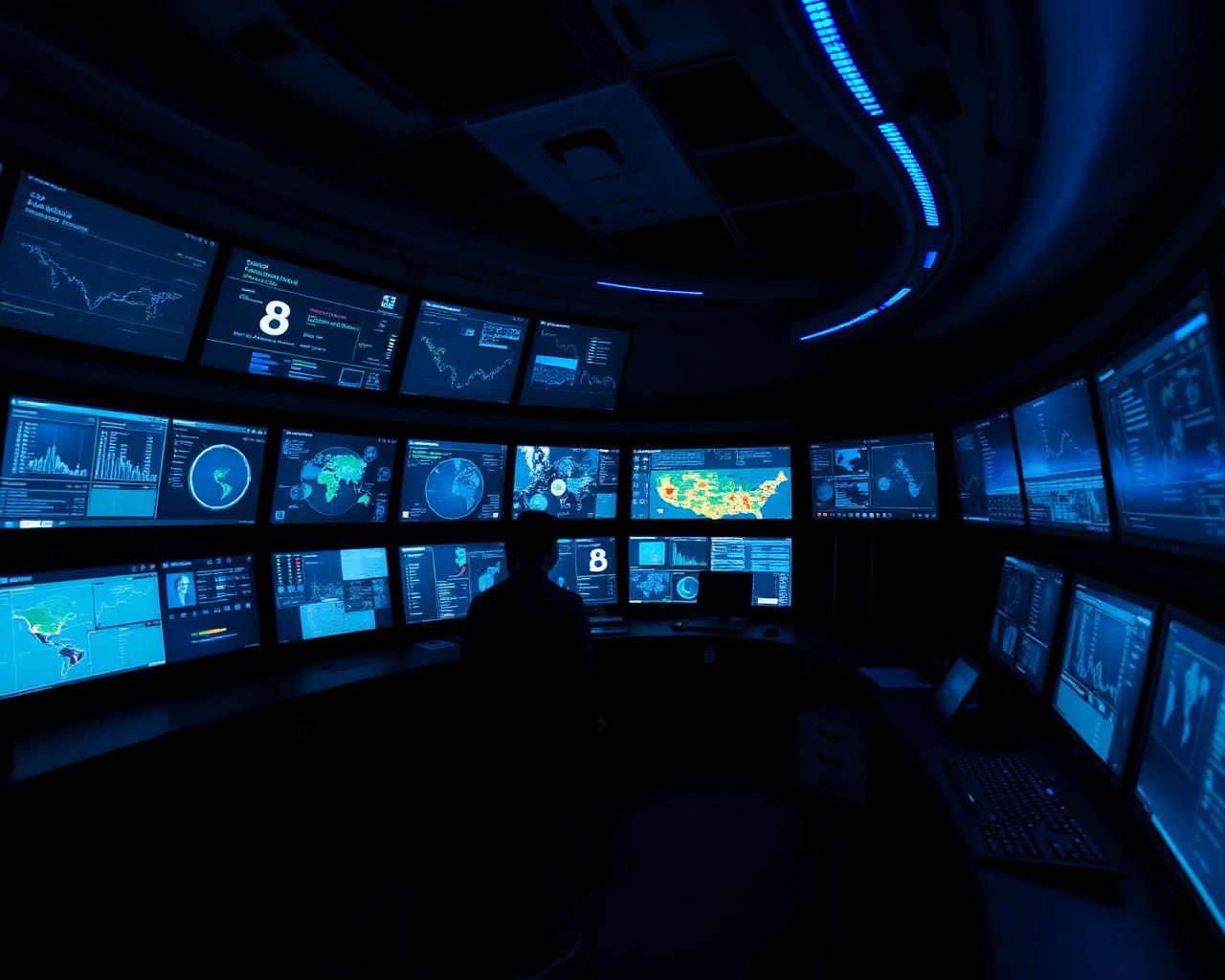 Enterprise operations control room at night with a curved wall of monitors showing dashboards and live data